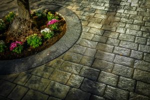 cobblestone decorative concrete with european fan walkway