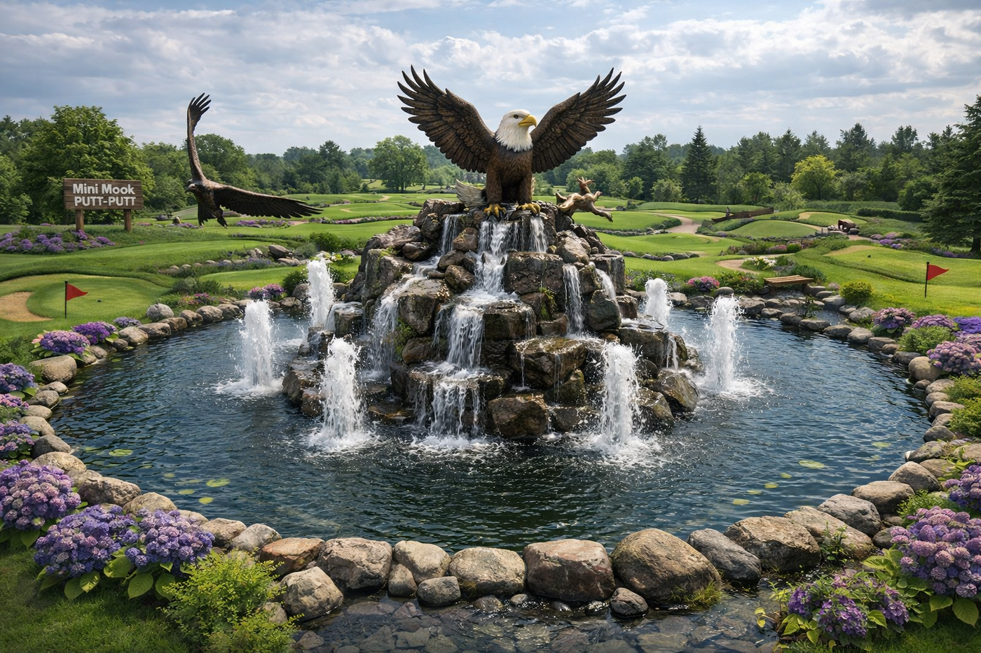 Eagle Rock fountain at Mini Mook Putt-Putt | Decorative Concrete including stamped concrete, overlays, epoxy floors, and vertical rock.